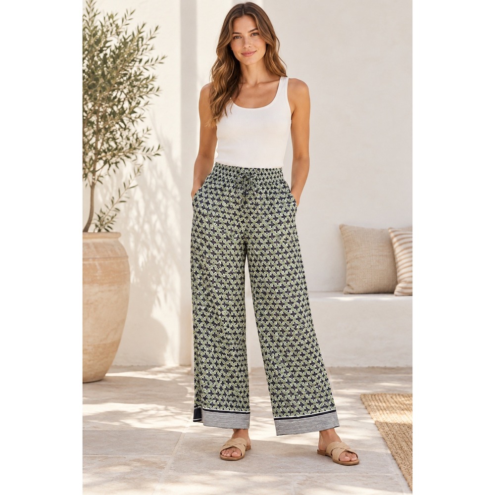 Women's Linen Wide Leg Linen Pants Green Floral Print Summer size xs